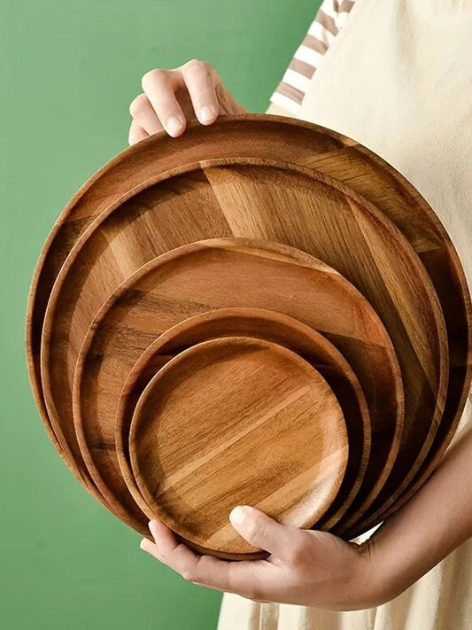 Handmade Acacia Wood Round Plate - Sushi, Dessert & Bread Dish