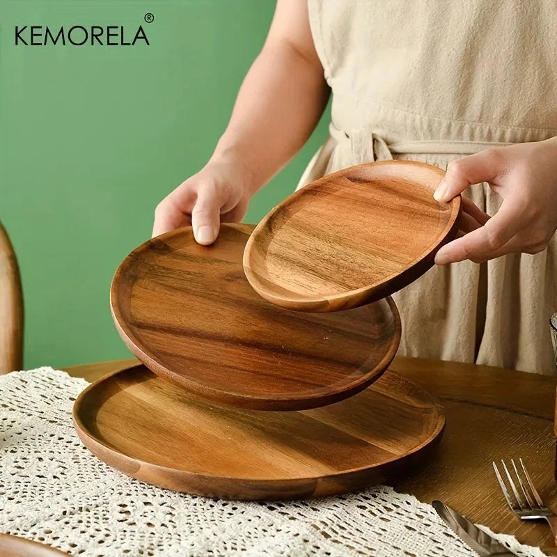 Handmade Acacia Wood Round Plate - Sushi, Dessert & Bread Dish